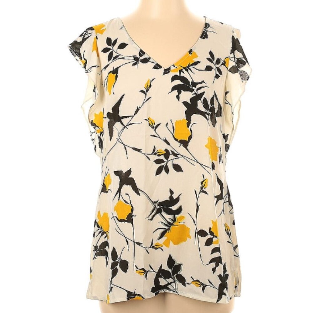 🎉Cabi White Floral & Bird Print Long Sleeve Blouse - Small